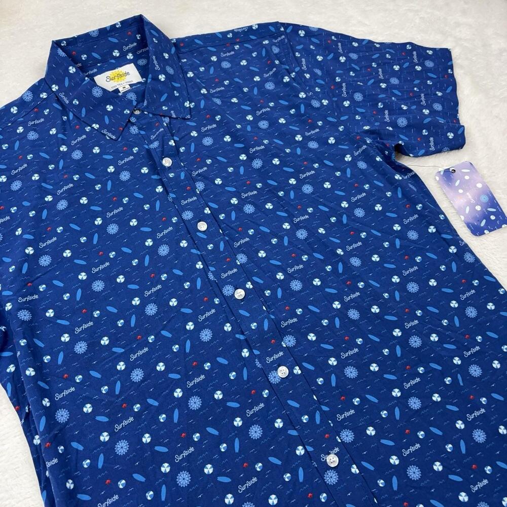 Surfside Button Up Shirt Men L Blue Ice Tea and Vodka Print Short Sleeve
